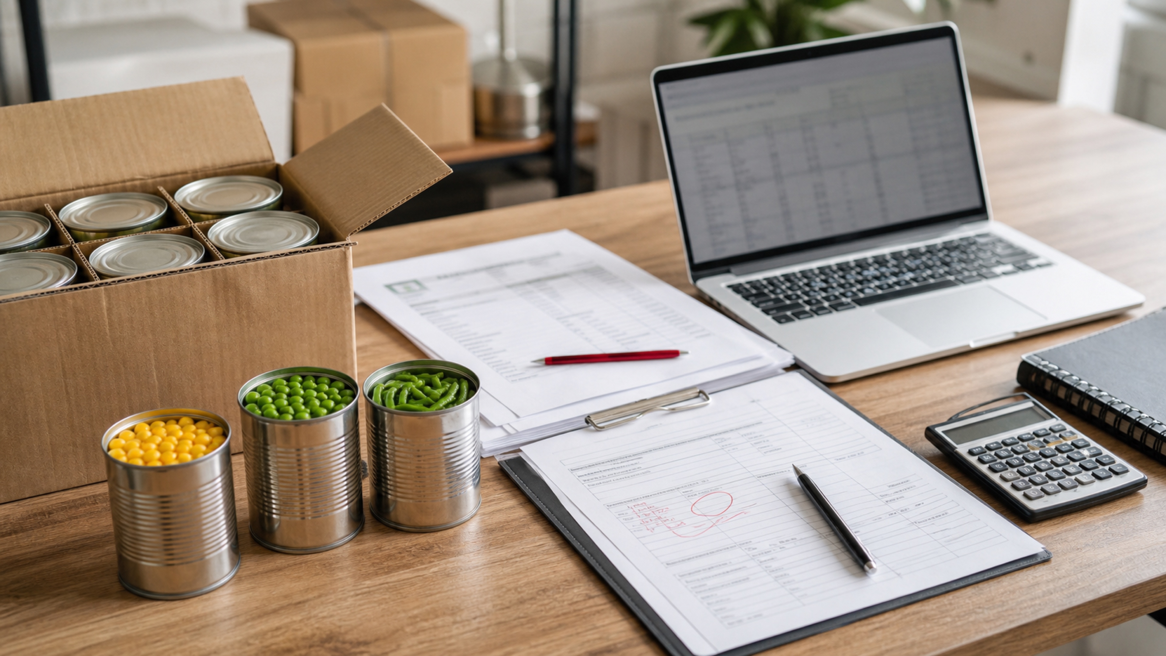 Editorial photo of canned vegetables, import paperwork, calculator, and landed-cost review materials.