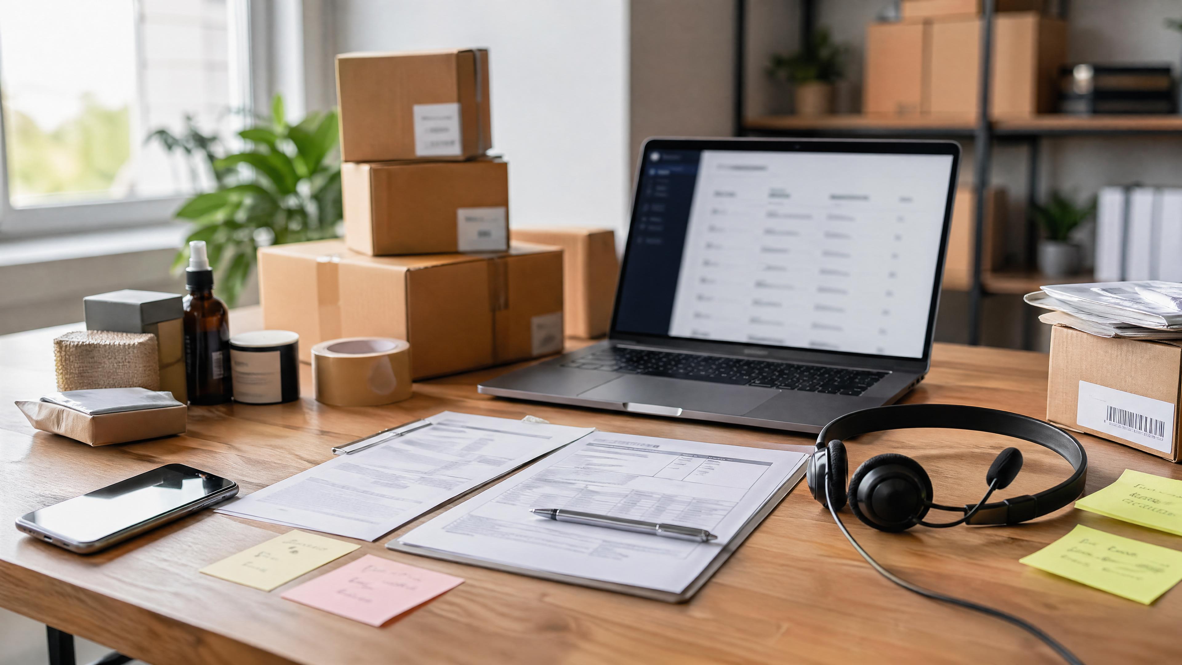 Editorial photo of a Shopify merchant workspace with cartons, customs documents, headset, and a blurred broker-vetting checklist.