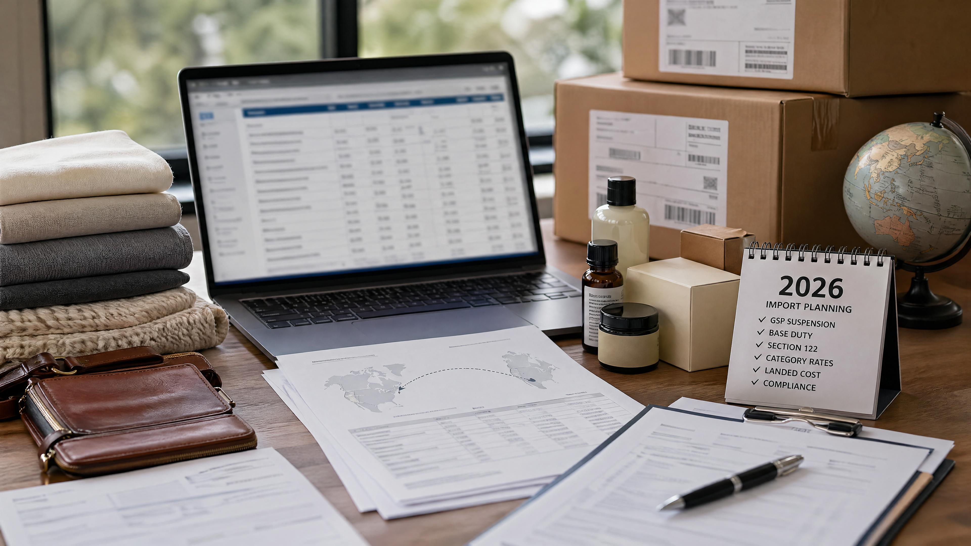 Editorial photo of India-to-US import planning with textile and leather product samples, customs paperwork, cartons, and a blurred landed-cost table.