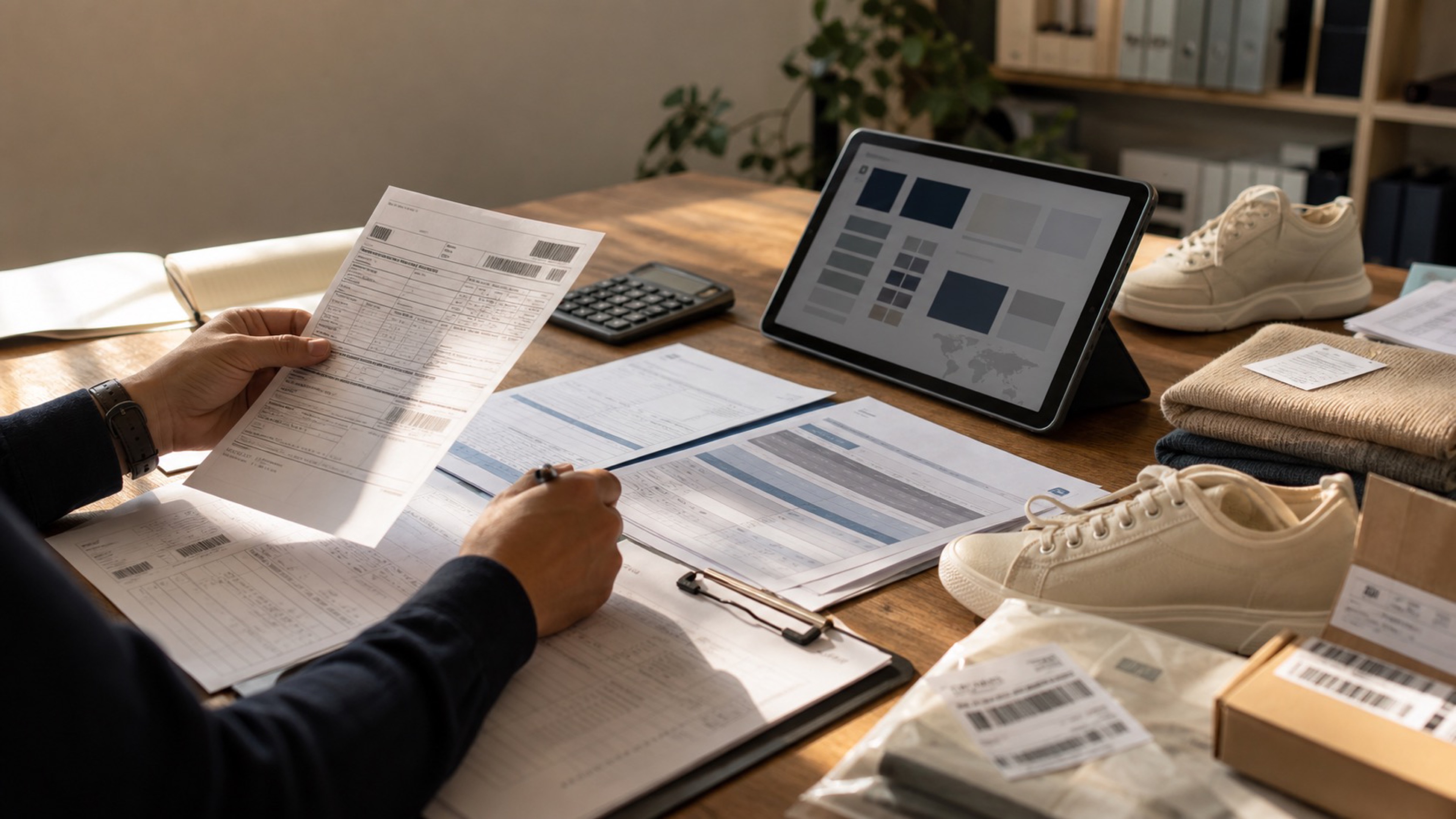 Editorial photo of customs paperwork, product samples, and a tariff review workspace for ecommerce merchants.