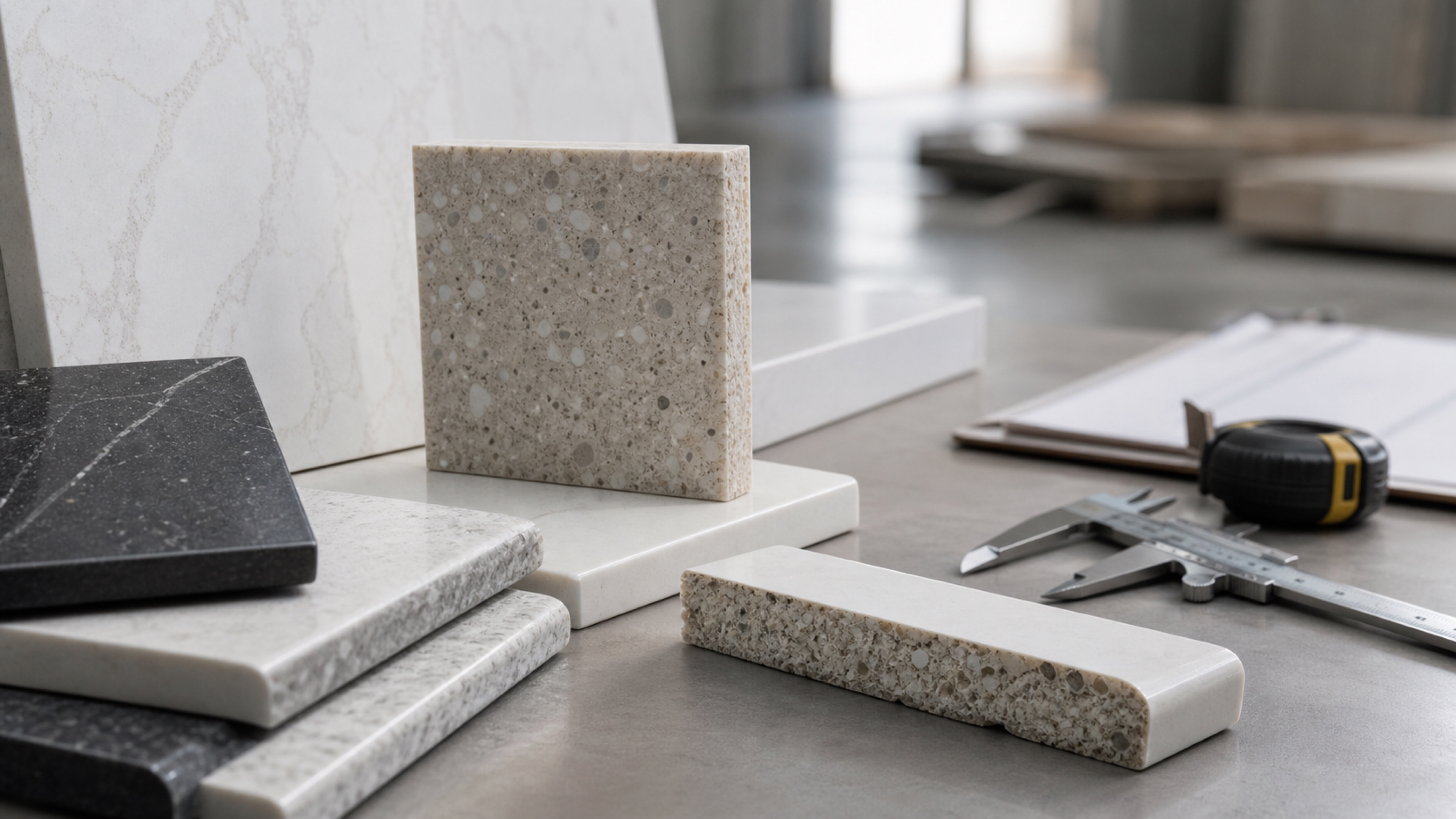 Editorial photo of quartz countertop samples, a measuring tape, and a warehouse inspection table with no readable labels.