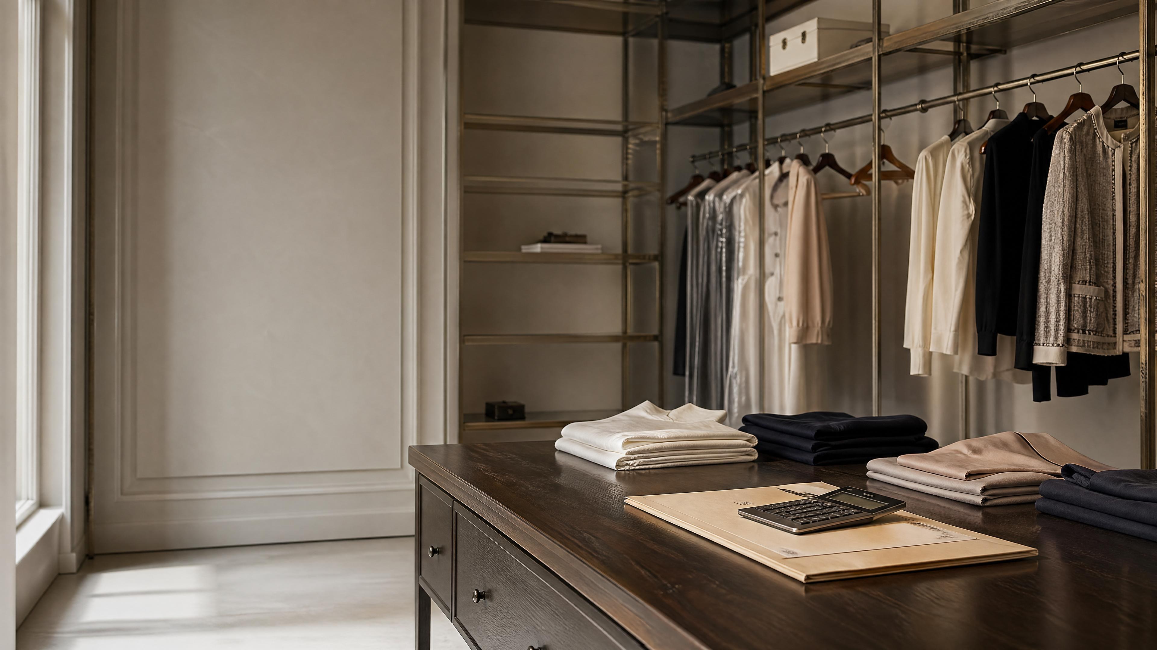 Editorial photo of a boutique retail stockroom with partially empty clothing racks, garment bags, folded apparel, and purchase-order paperwork, representing vendor-payment pressure and inventory risk.