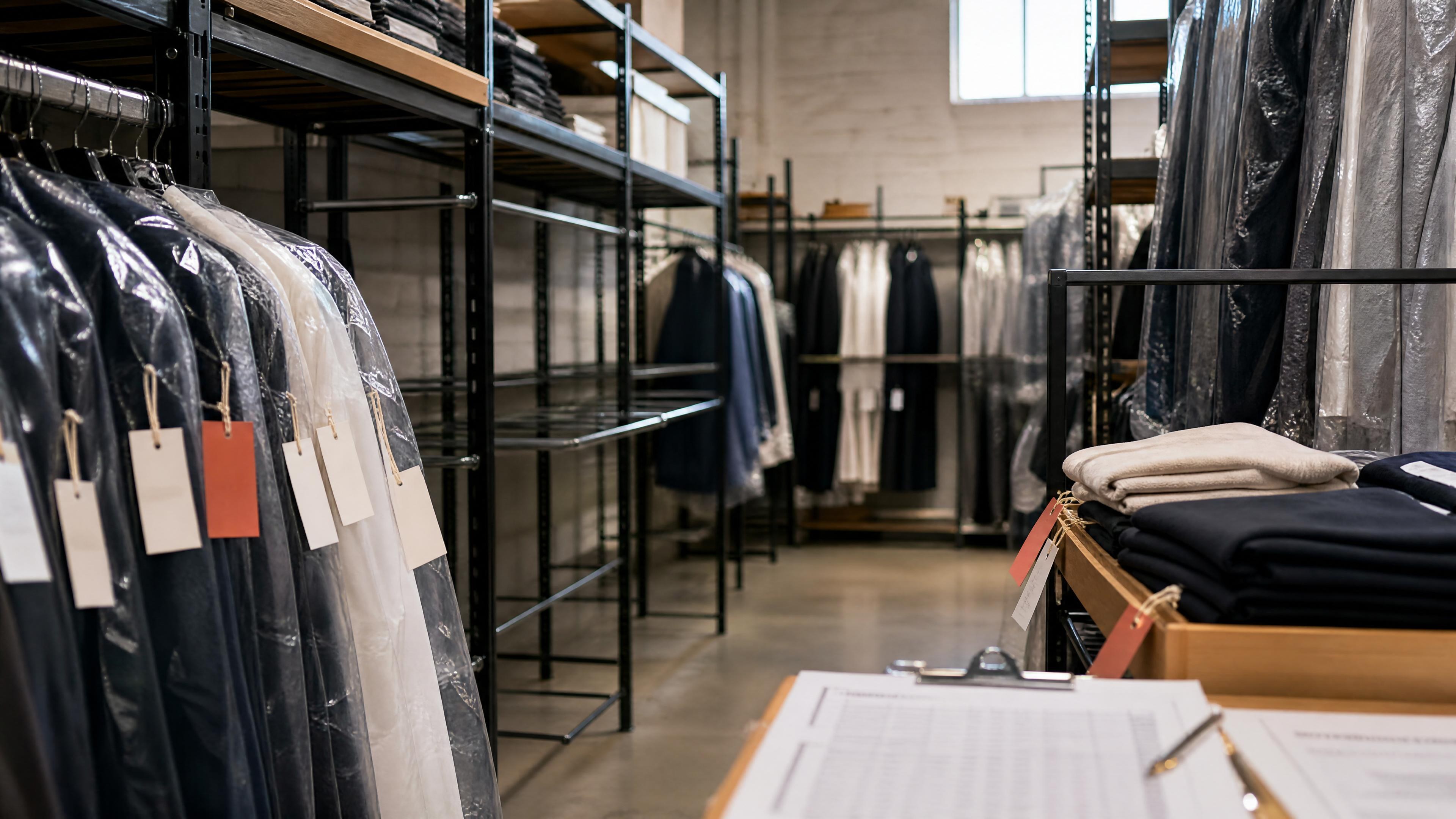 Editorial photo of retail stockroom racks for inventory decision-making and markdown planning.
