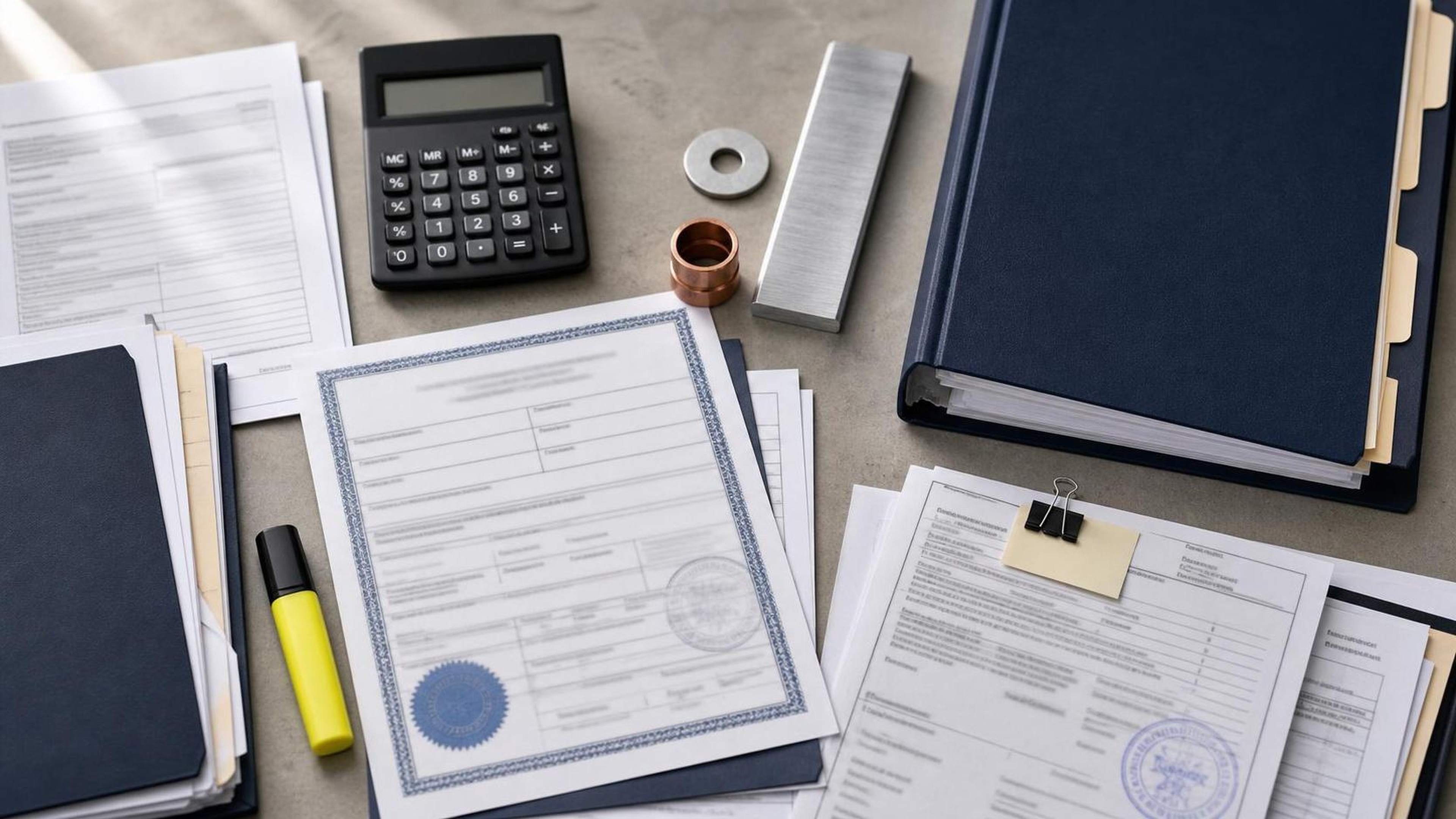 Editorial photo of customs broker document flat lay for product-specific tariff scope review and margin planning.