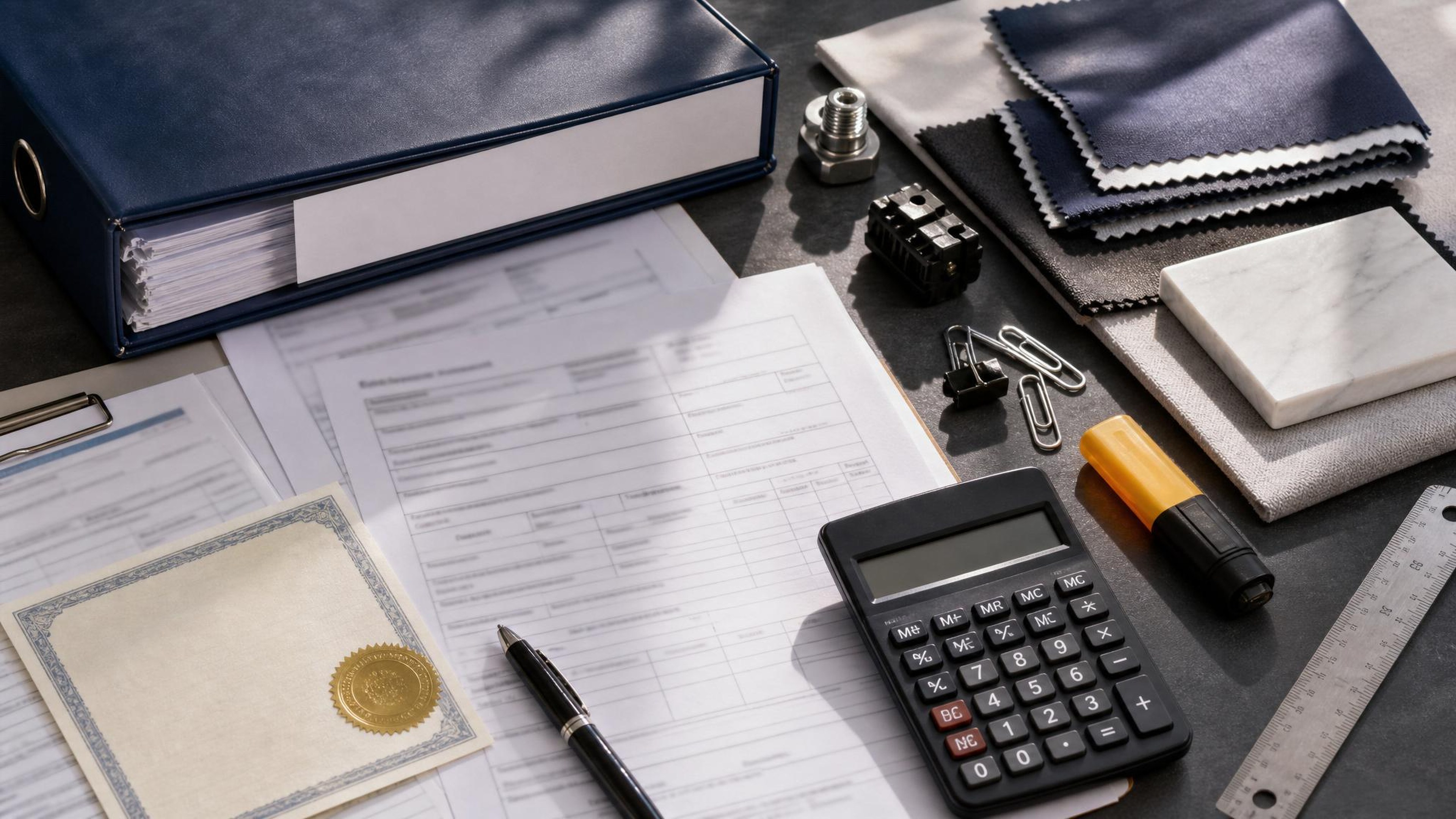 Editorial photo of customs broker document flat lay for product-specific tariff scope review and margin planning.