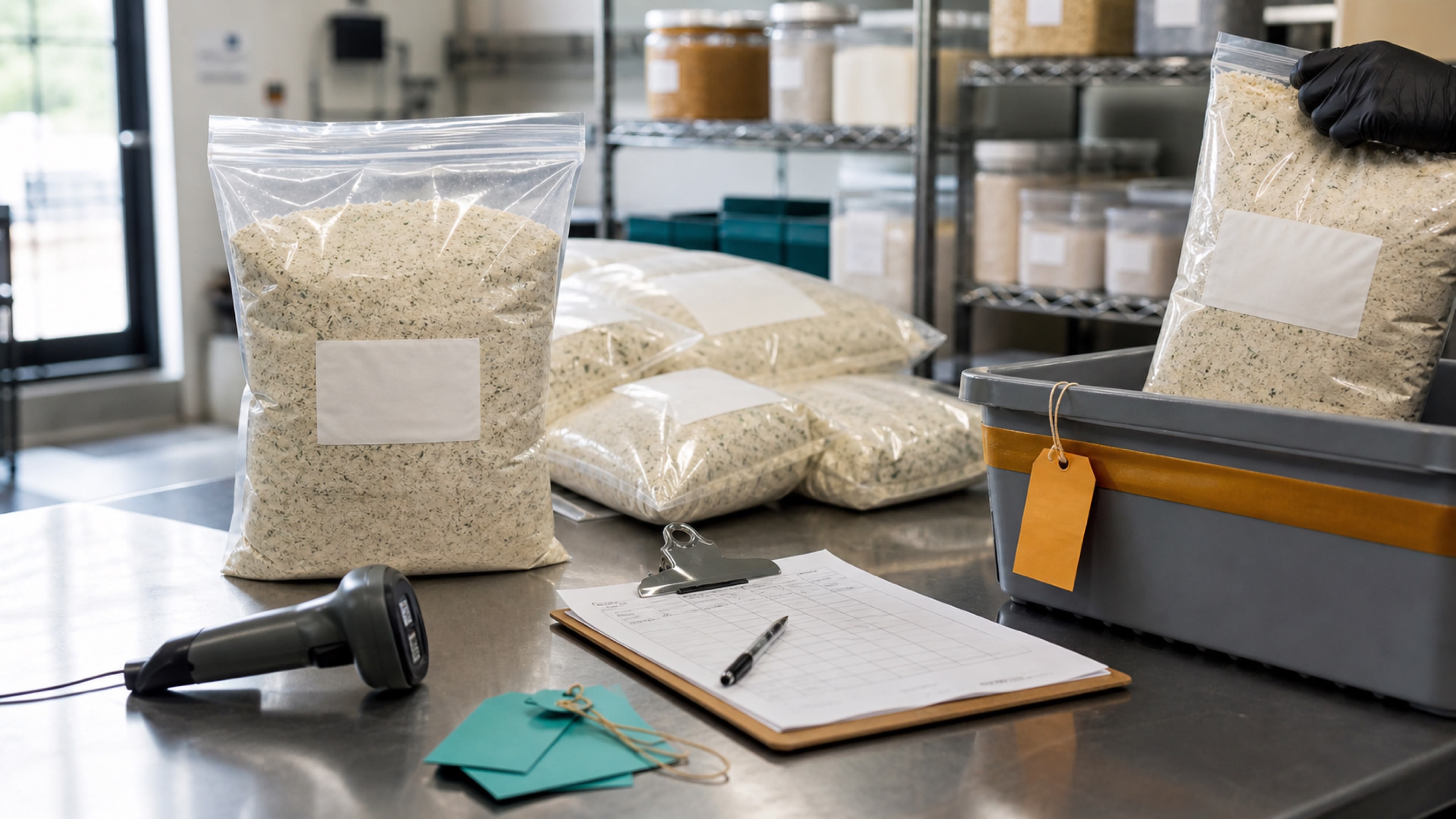 Editorial photo of a food receiving table with bulk ingredient bags, barcode scanner, quarantine tag, and batch paperwork for recall readiness.
