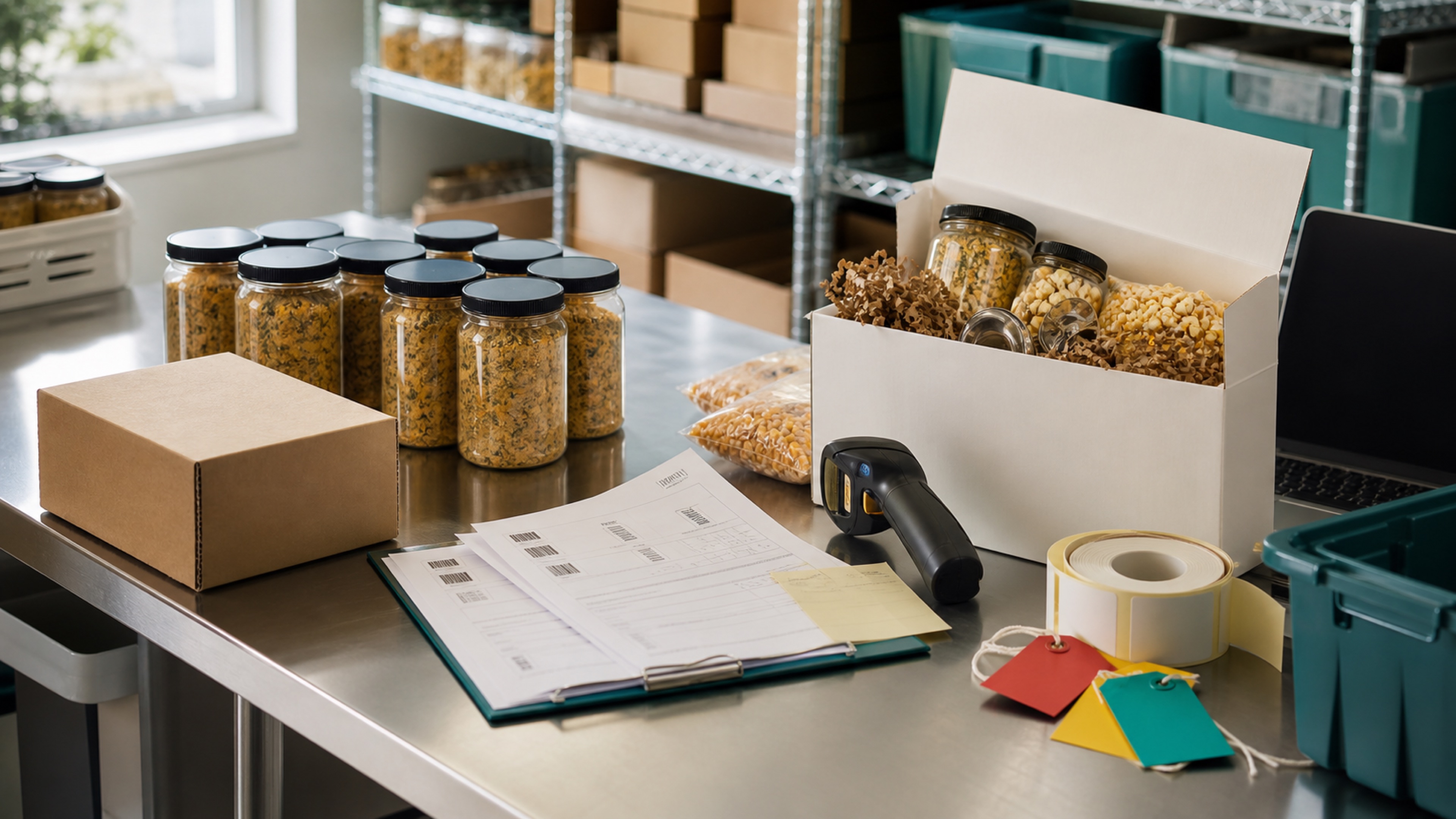 Editorial photo of a food recall batch-tracking table with seasoning jars, lot paperwork, scanner, and quarantine tags.