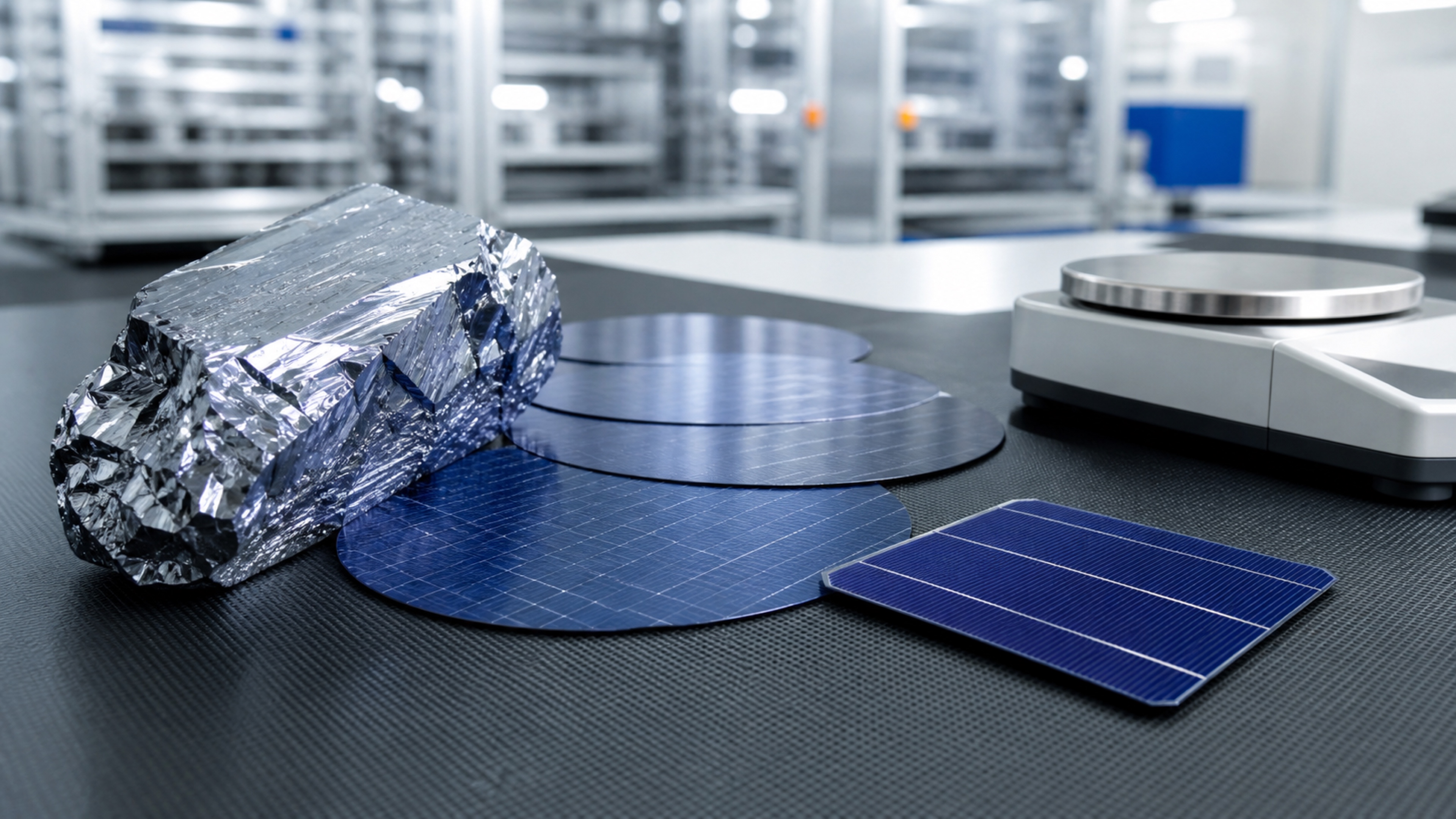 Editorial photo of solar wafers, cell samples, a polysilicon chunk, and a precision scale on a clean manufacturing inspection bench.
