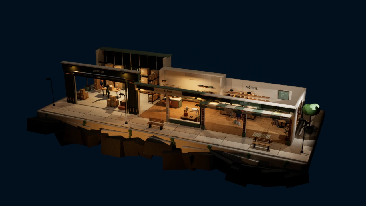 A detailed miniature café, boutique and warehouse, with people working and shopping under warm lights.