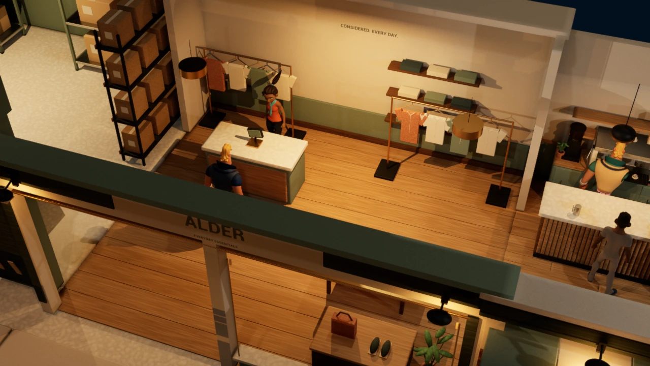 Miniature shop with staff reviewing stock and serving customers.