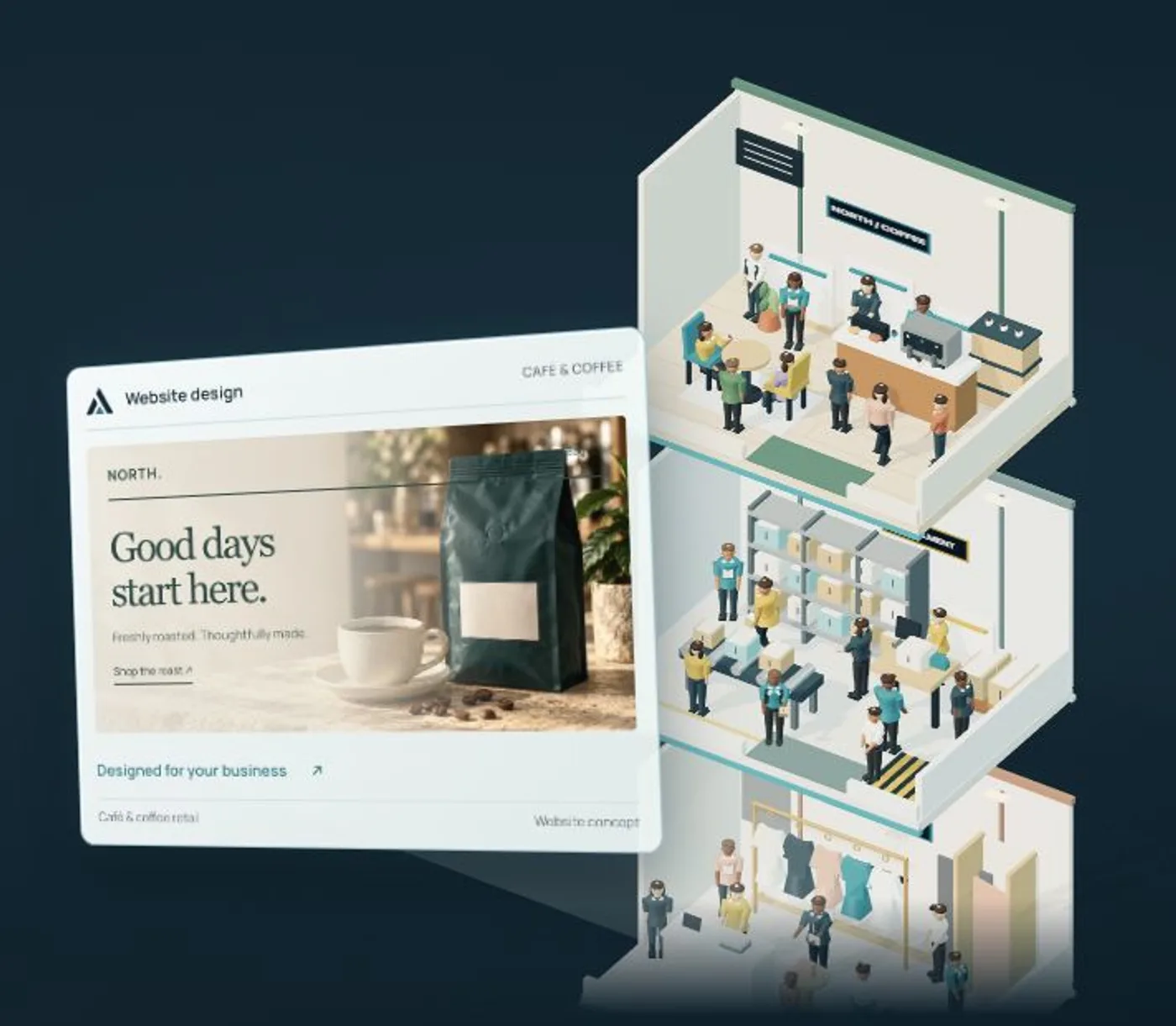Miniature businesses inside an open glass tower, with a custom coffee storefront design in front