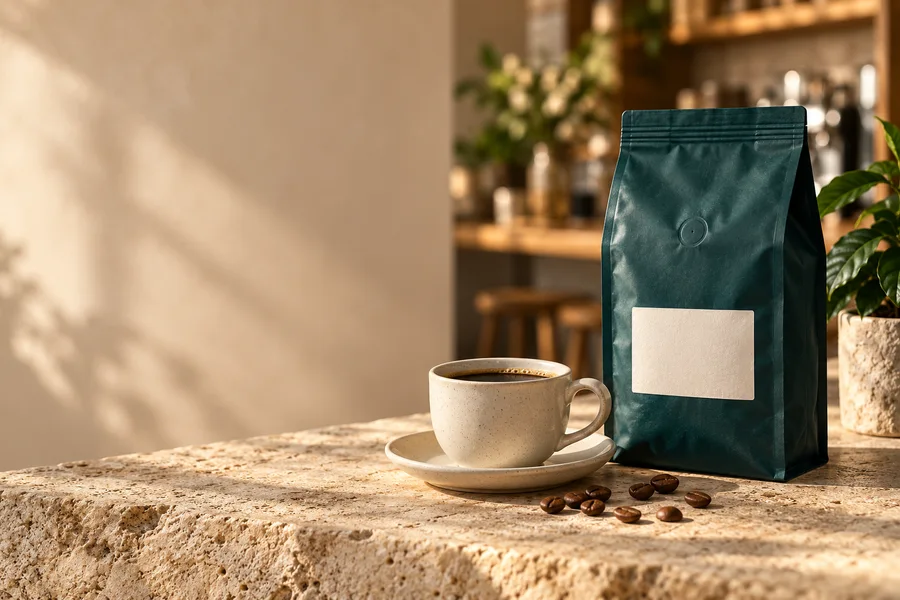 Coffee and packaged coffee products used in an illustrative storefront design.